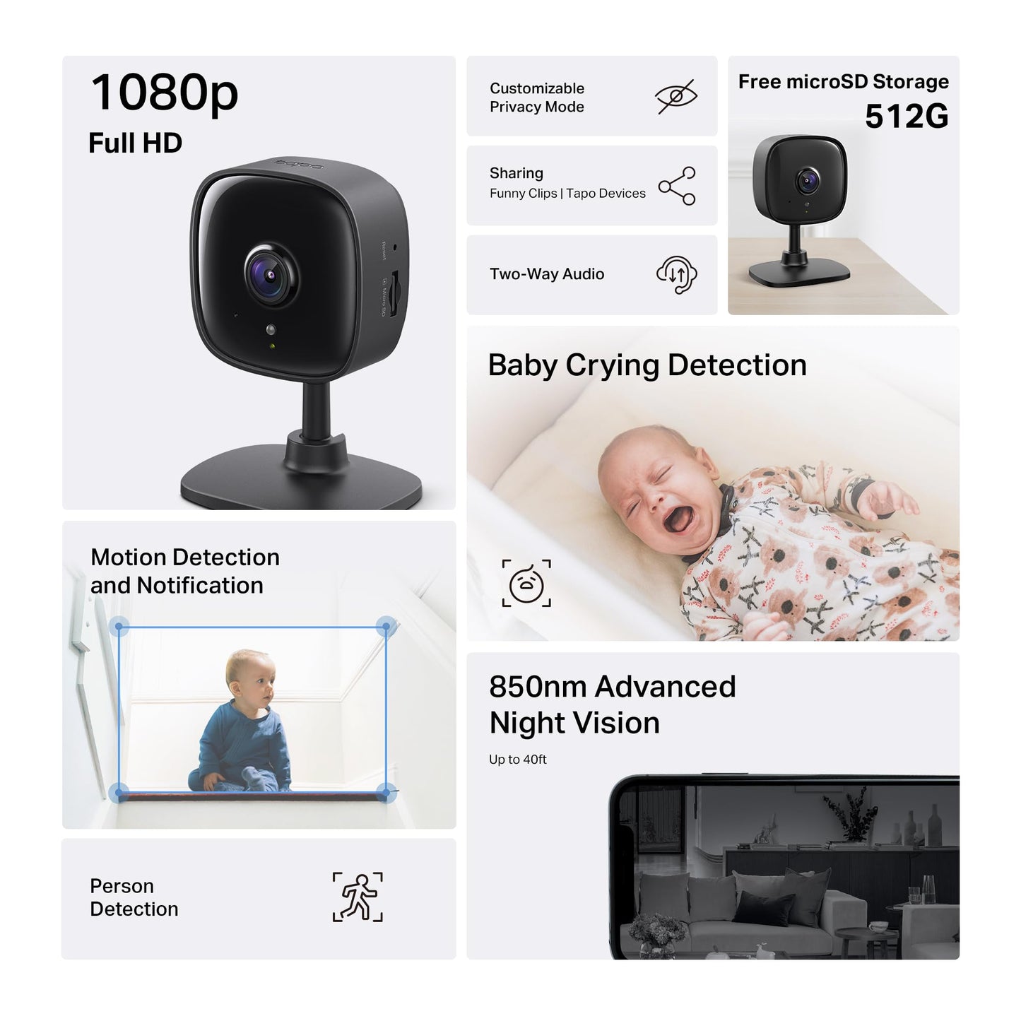 Tapo 1080P Indoor Security Camera for Baby Monitor, Pet Camera w/Motion Detection, 2-Way Audio, Night Vision, Cloud & SD Card Storage, Works w/Alexa & Google Home, Plug-in, C101