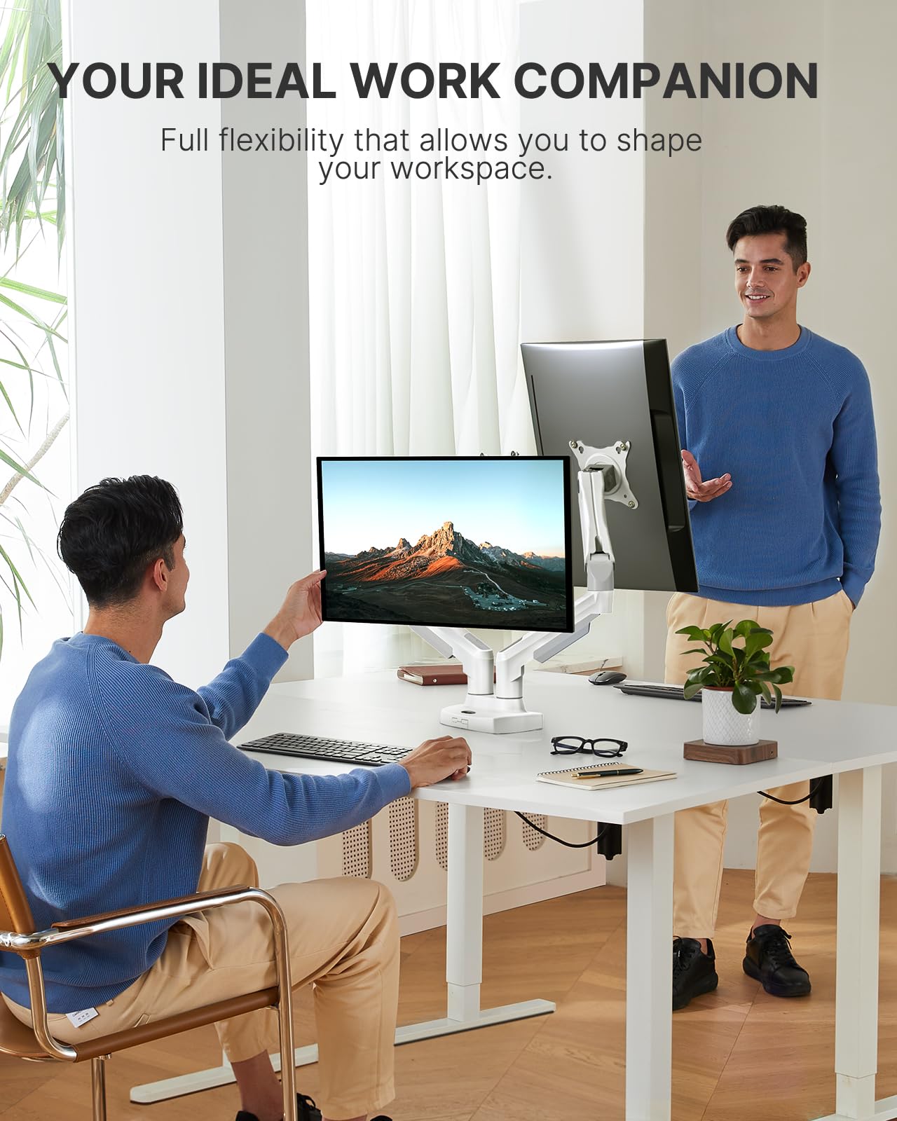 HUANUO Dual Monitor Stand - Full Adjustable Monitor Desk Mount Swivel Vesa Bracket with C Clamp, Grommet Mounting Base for 13 to 32 Inch Computer Screens - Each Arm Holds 4.4 to 19.8lbs