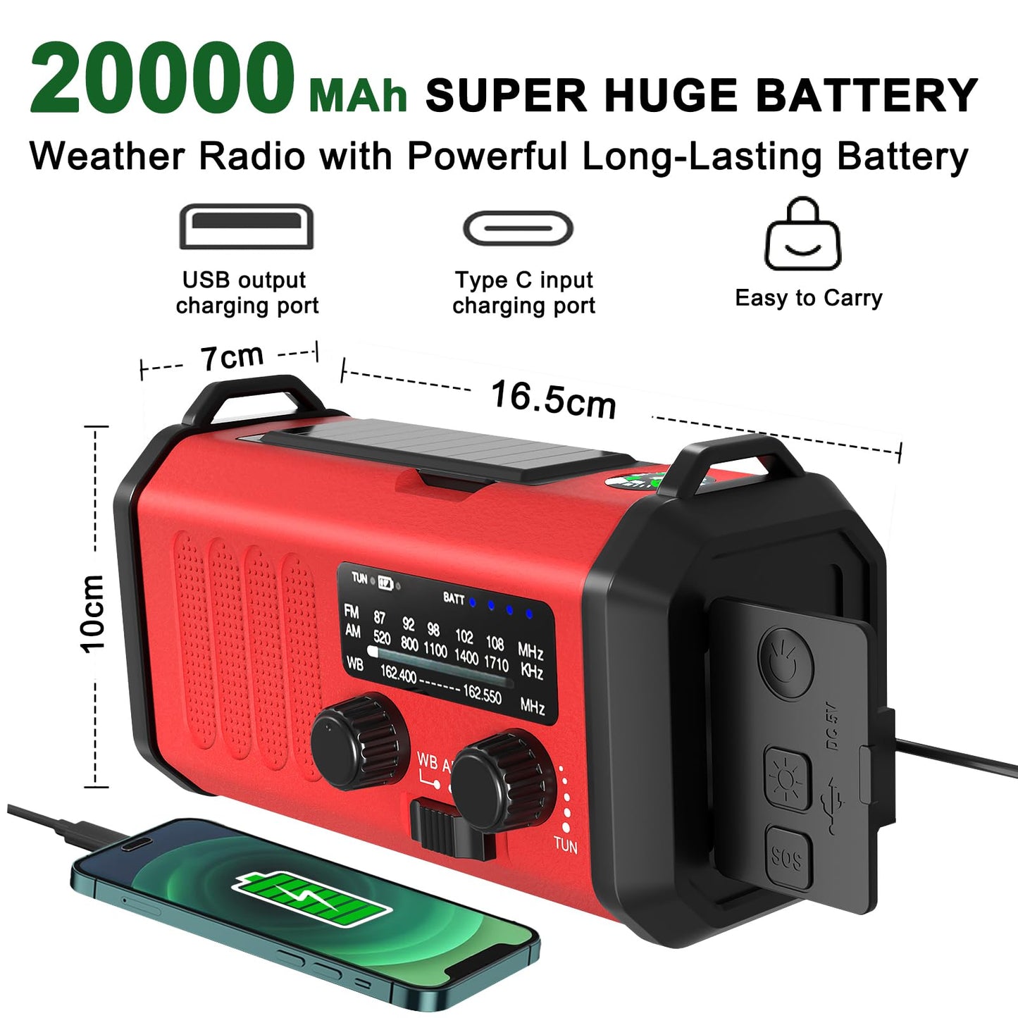 10000mAh Hand Crank Emergency Radio, NOAA Weather Radio with AM/FM & solar Radio, Rechargeable Battery, Flashlight & Reading Light, SOS Alarm, Compass Cell Phone Charger for Indoor Outdoor Emergencies