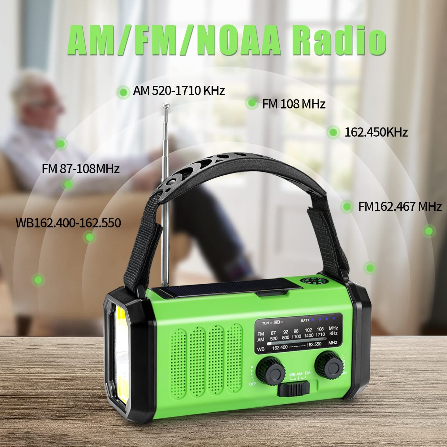 10000mAh Hand Crank Emergency Radio, NOAA Weather Radio with AM/FM & solar Radio, Rechargeable Battery, Flashlight & Reading Light, SOS Alarm, Compass Cell Phone Charger for Indoor Outdoor Emergencies