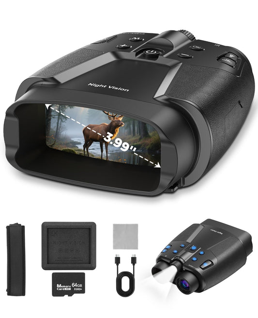 Night Vision Goggles - 4K Night Vision Binoculars with 5000mAh Rechargeable Battery, 32GB TF Card can Save Photo and Video, 3'' HD Screen for Camping & Security, Black
