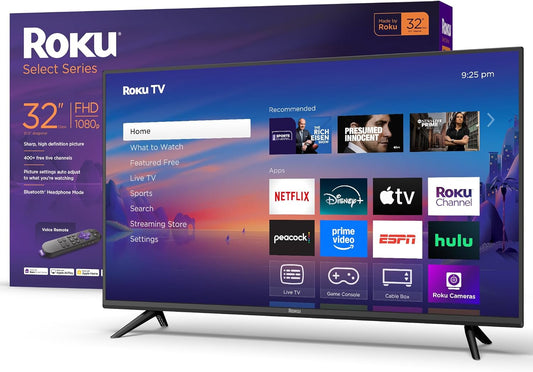 Roku Smart TV 2025 – 32-Inch Select Series, 1080p Full HD TV – Roku TV with Voice Remote – Flat Screen LED Television with Wi-Fi for Streaming Live Local News, Sports, Family Entertainment