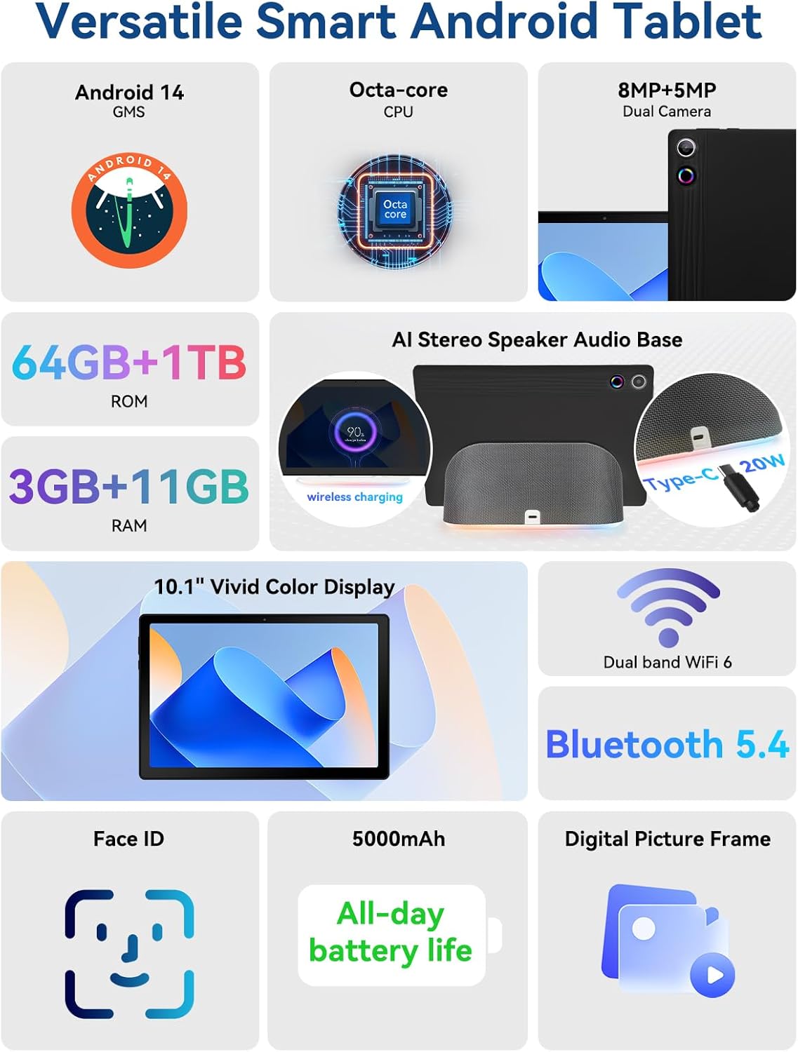 2025 Upgraded Android Tablet with Charging Speaker Dock, 2 Years Protection, Otca-Core CPU, 14GB+64GB Storage with 1TB Expansion, WiFi 6, BT5.3, Google Tablet, US Version