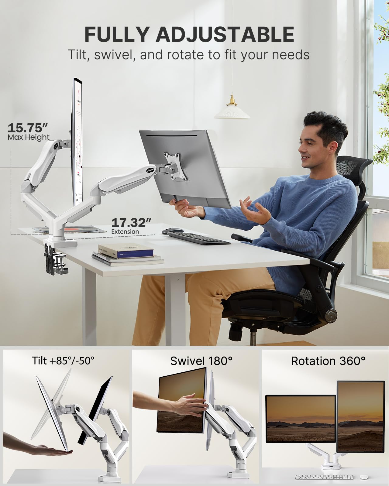 HUANUO Dual Monitor Stand - Full Adjustable Monitor Desk Mount Swivel Vesa Bracket with C Clamp, Grommet Mounting Base for 13 to 32 Inch Computer Screens - Each Arm Holds 4.4 to 19.8lbs