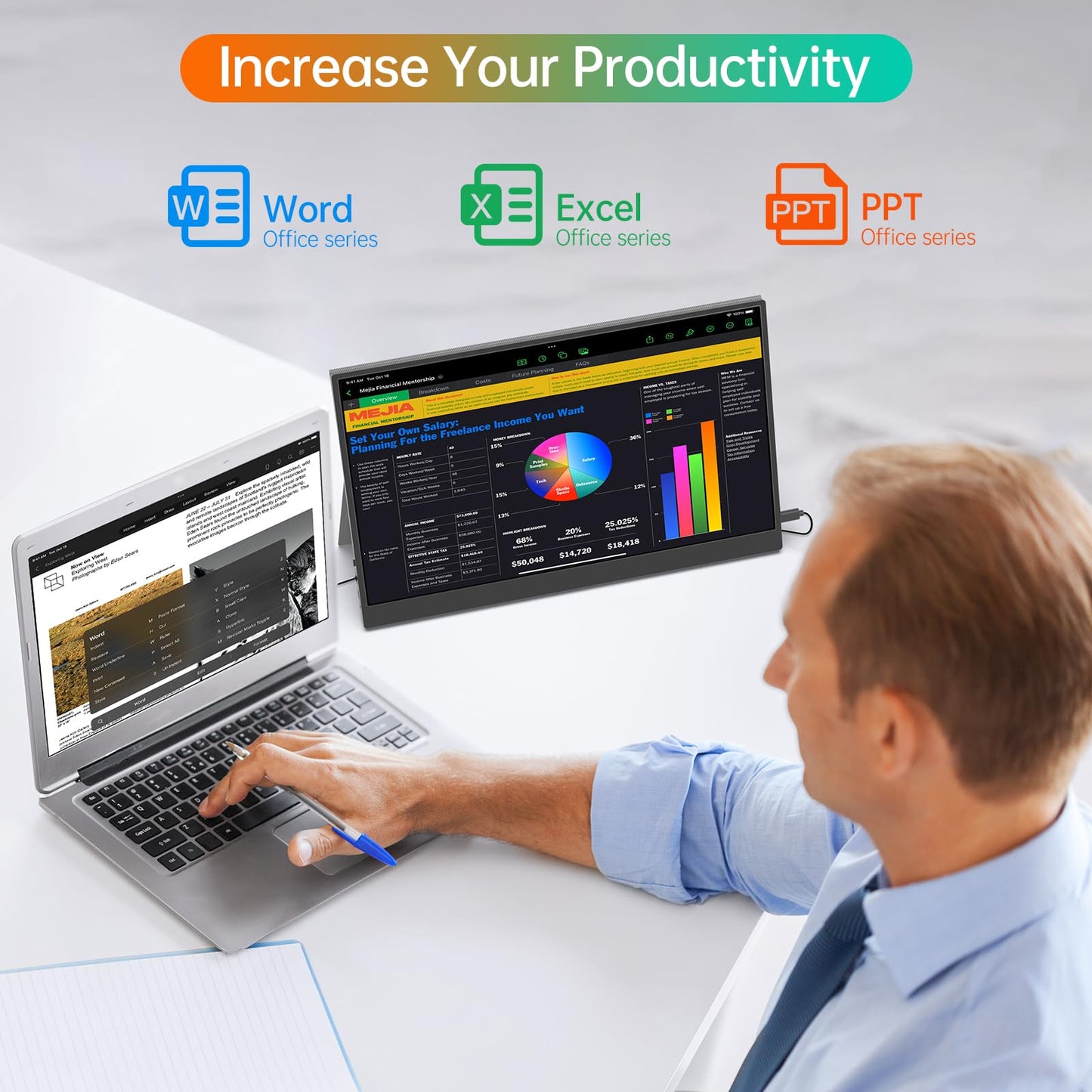 MNN Portable Monitor 14 inch FHD 1920 * 1200P USB C HDMI Ultra-Slim IPS Travel Display w/Speakers, HDR Plug&Play, External Monitor for Laptop PC, Phone,Mac(400cd/m² Brightness)