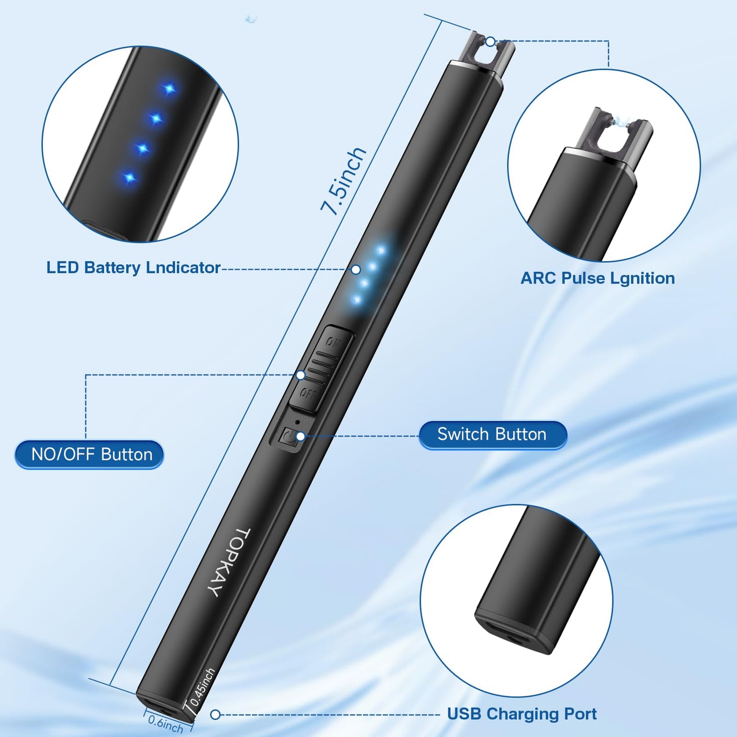 Electric Candle Lighter, Windproof Flameless USB Rechargeable Plasma Arc Long Lighter for Grill Firework Kitchen Camping (Black)