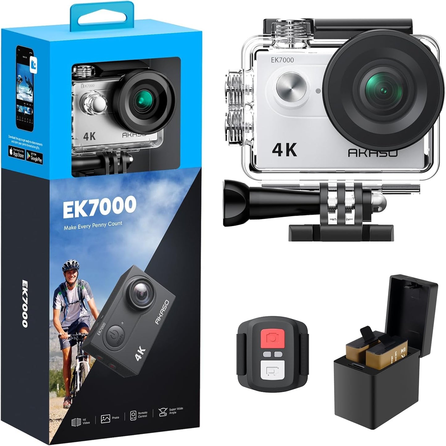 AKASO EK7000 4K30FPS 20MP WiFi Action Camera with EIS Ultra HD 131FT Waterproof Underwater Camera Remote Control 4X Zoom Support External Microphone Black