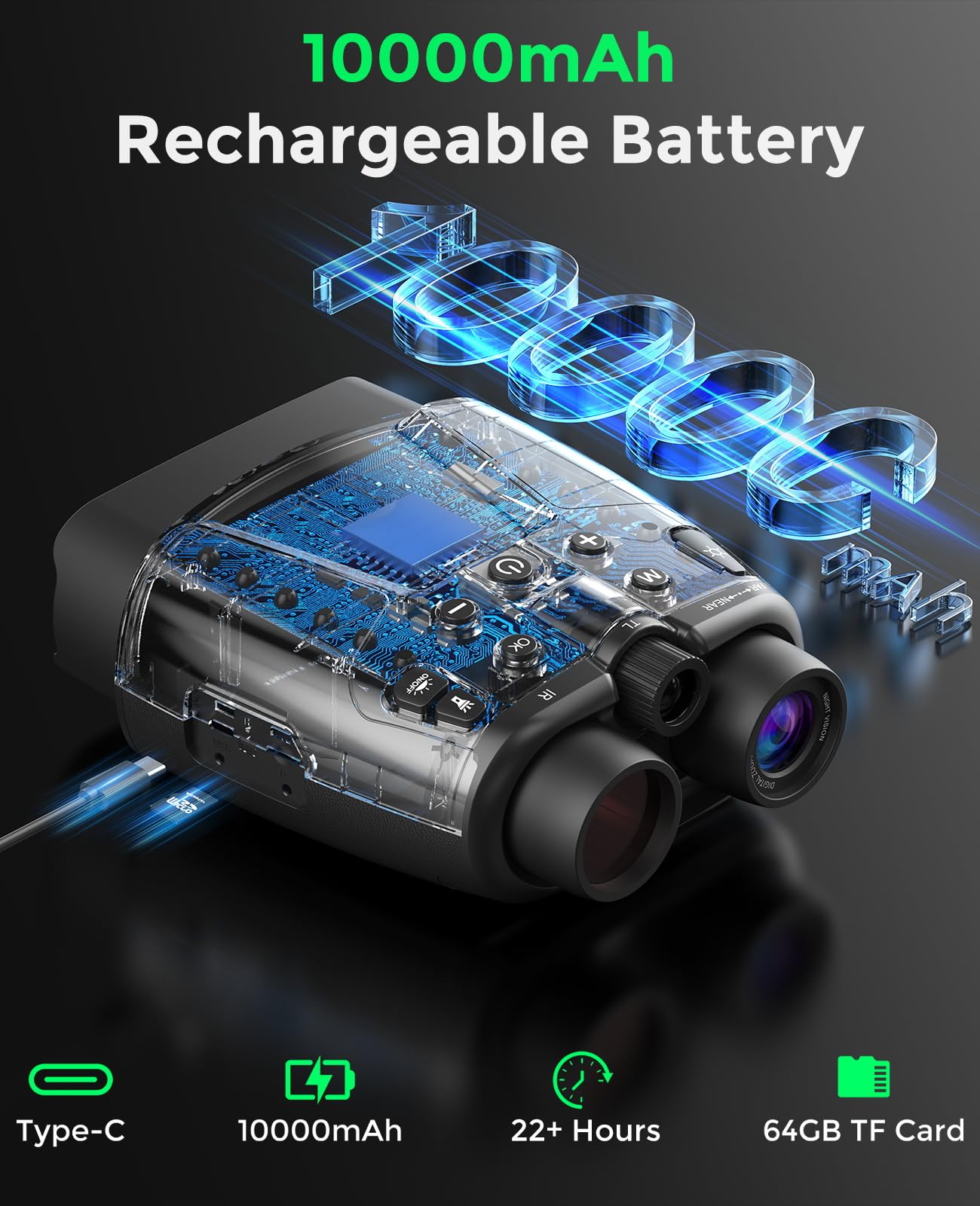 Night Vision Goggles - 4K Night Vision Binoculars with 5000mAh Rechargeable Battery, 32GB TF Card can Save Photo and Video, 3'' HD Screen for Camping & Security, Black