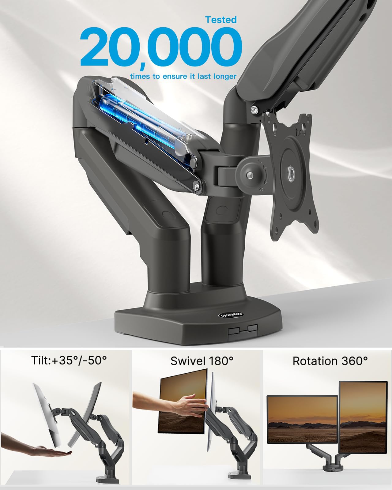 HUANUO Dual Monitor Stand - Full Adjustable Monitor Desk Mount Swivel Vesa Bracket with C Clamp, Grommet Mounting Base for 13 to 32 Inch Computer Screens - Each Arm Holds 4.4 to 19.8lbs