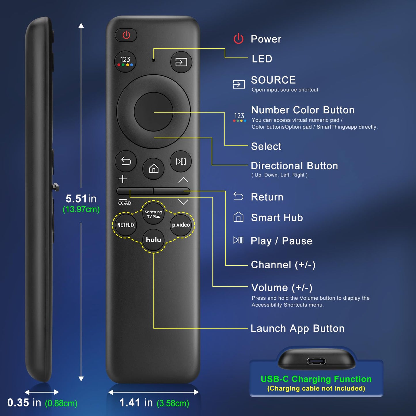 Rechargeable Remote for Samsung-TV-Remote-Control-Replacement,Compatible with Samsung Frame Crystal UHD Neo QLED OLED 4K 8K Smart TVs