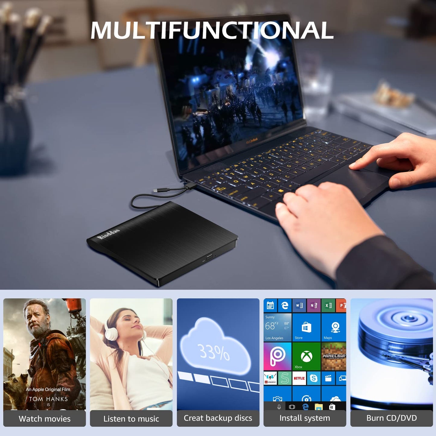 External CD/DVD Drive for Laptop, USB 3.0 CD DVD Player Portable +/-RW Burner CD ROM Reader Writer Disk Duplicator Compatible with Laptop Desktop PC Windows Apple Mac Pro MacBook Linux