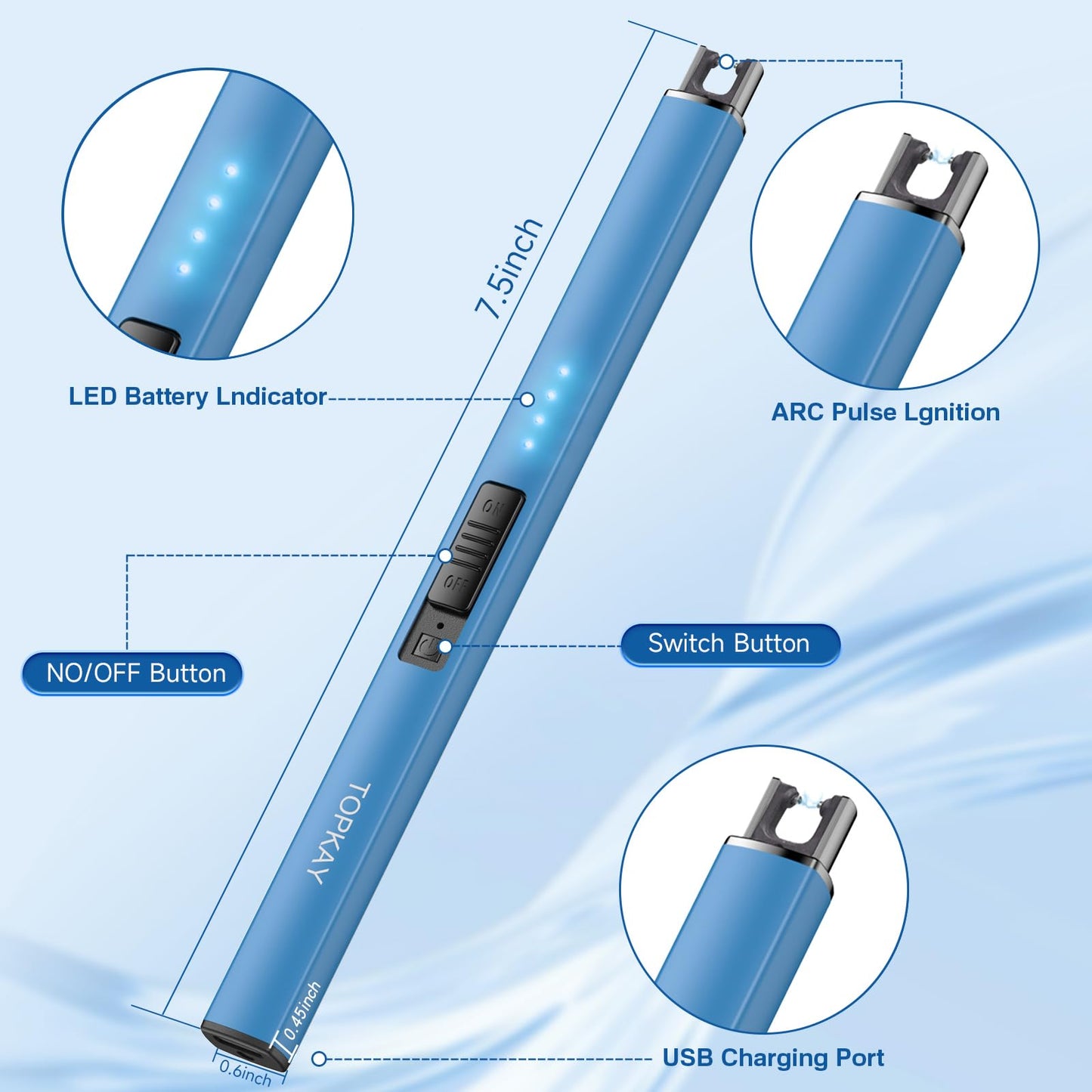 Electric Candle Lighter, Windproof Flameless USB Rechargeable Plasma Arc Long Lighter for Grill Firework Kitchen Camping (Black)