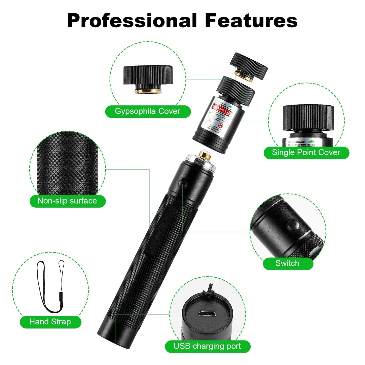 Green Laser Pointer High Power Pen - Long Range Rechargeable Laser Beam, USB Charging for Hiking, Presentations & Outdoor Use (Professional-Grade Green Light)