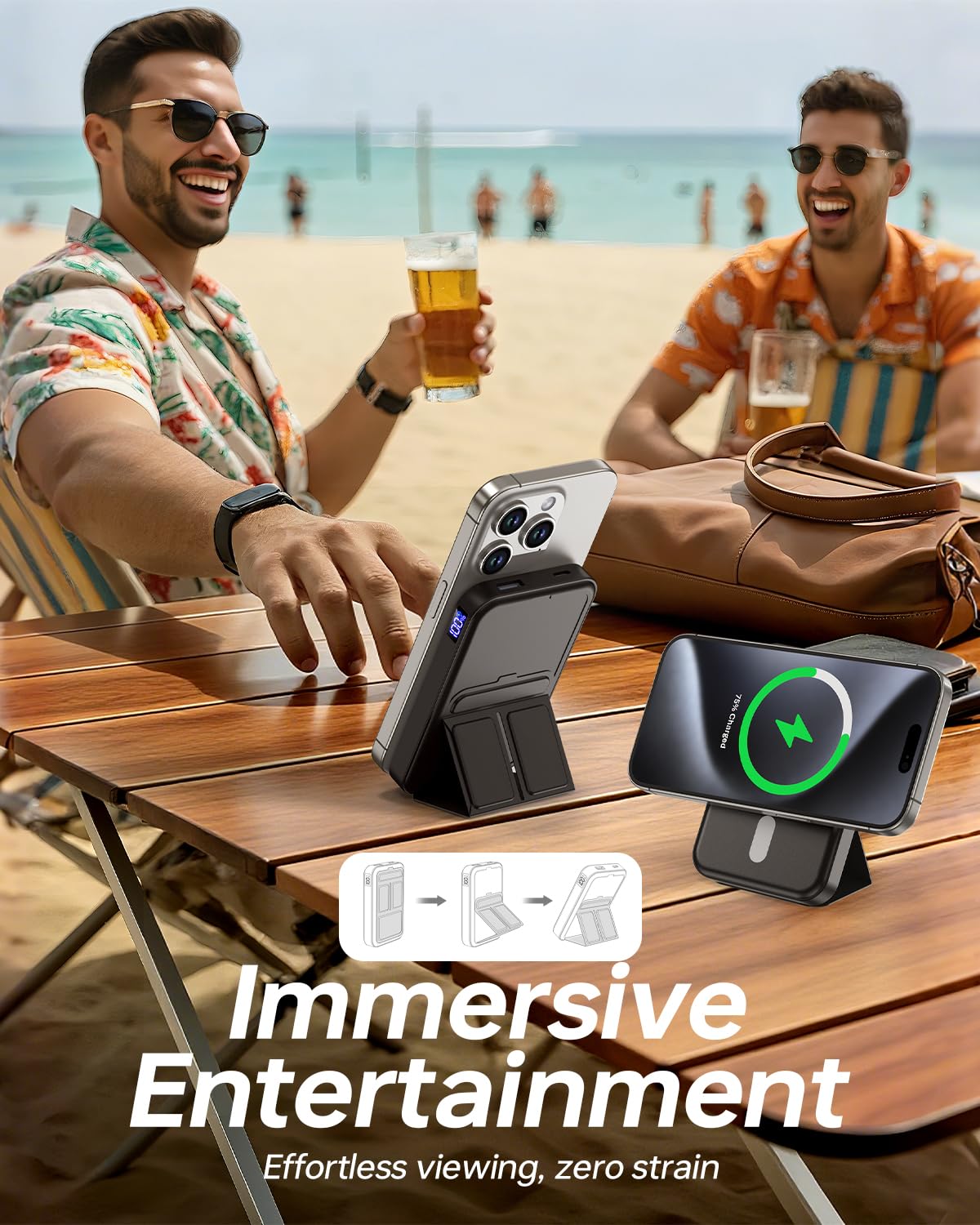 Magnetic Portable Charger, 10000mAh Power Bank with Leather Foldable Stand - Travel Essentials, USB-C 20W Fast Charging for Magsafe Battery Pack, Compatible with iPhone 17/16/15/14/13 Series