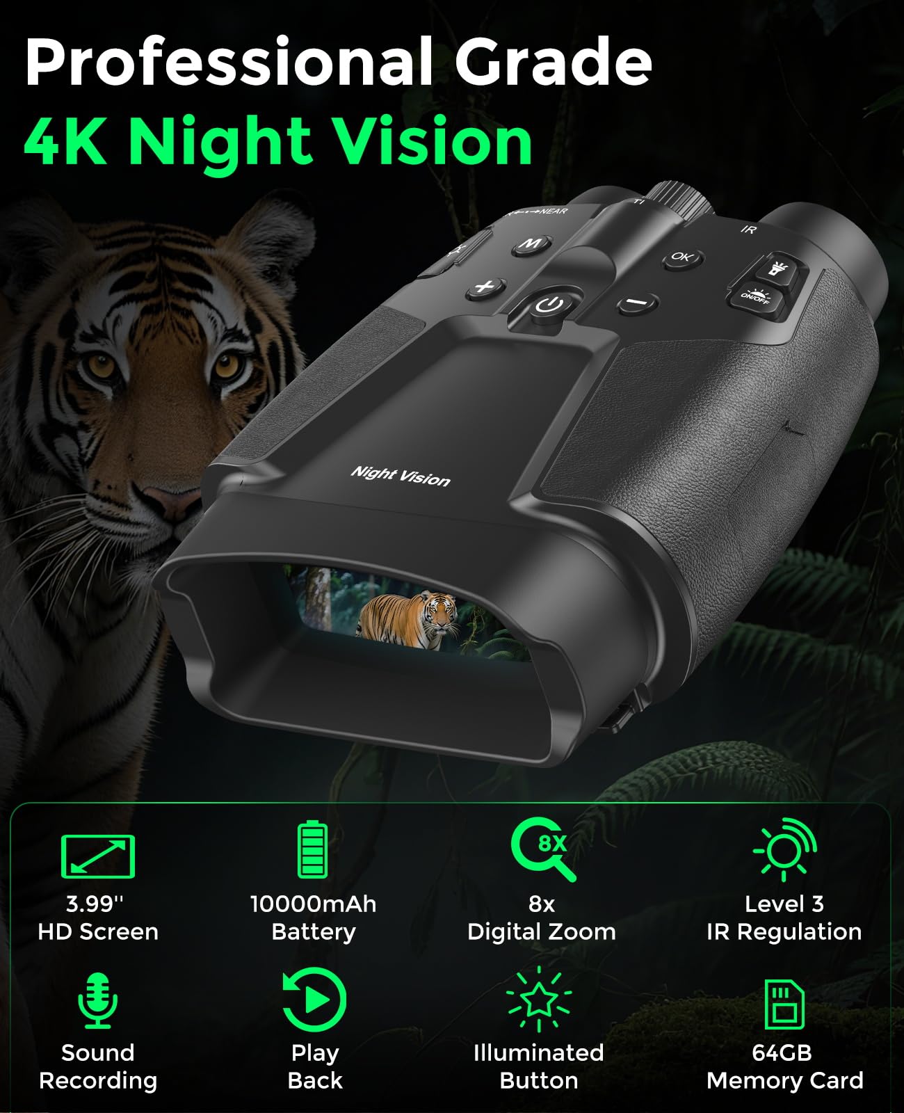 Night Vision Goggles - 4K Night Vision Binoculars with 5000mAh Rechargeable Battery, 32GB TF Card can Save Photo and Video, 3'' HD Screen for Camping & Security, Black