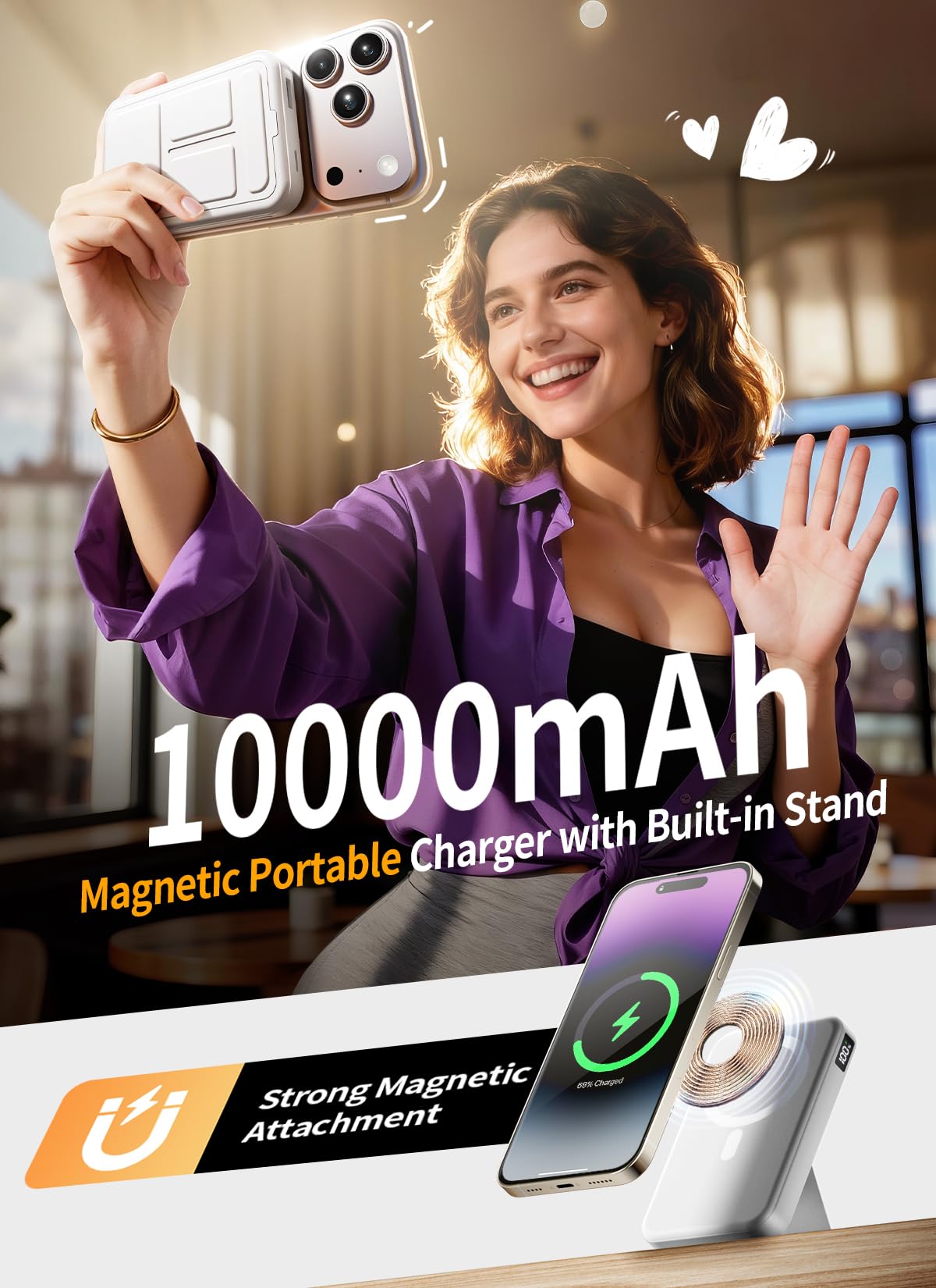 Magnetic Portable Charger, 10000mAh Power Bank with Leather Foldable Stand - Travel Essentials, USB-C 20W Fast Charging for Magsafe Battery Pack, Compatible with iPhone 17/16/15/14/13 Series