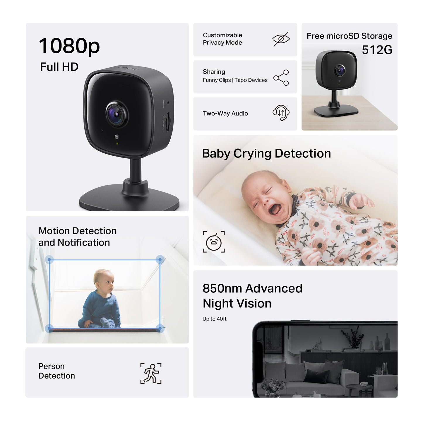 Tapo 1080P Indoor Security Camera for Baby Monitor, Pet Camera w/Motion Detection, 2-Way Audio, Night Vision, Cloud & SD Card Storage, Works w/Alexa & Google Home, Plug-in, C101