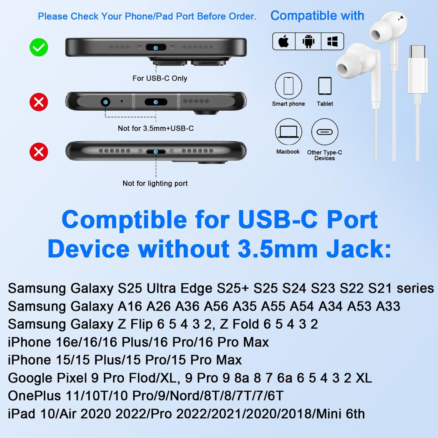 USB C Samsung Earbuds Wired Ear Buds for Samsung Galaxy A16 A17 A36 5G A26 S25 Edge A56 S25 Ultra Plus S24 FE A35 Z Fold 6 USBC In-Ear Headphones Wired Type C Earbud Earphones Headsets with Microphone