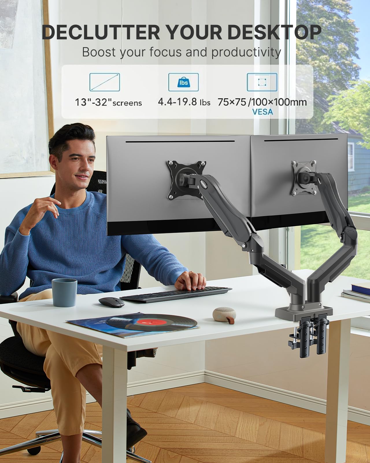 HUANUO Dual Monitor Stand - Full Adjustable Monitor Desk Mount Swivel Vesa Bracket with C Clamp, Grommet Mounting Base for 13 to 32 Inch Computer Screens - Each Arm Holds 4.4 to 19.8lbs