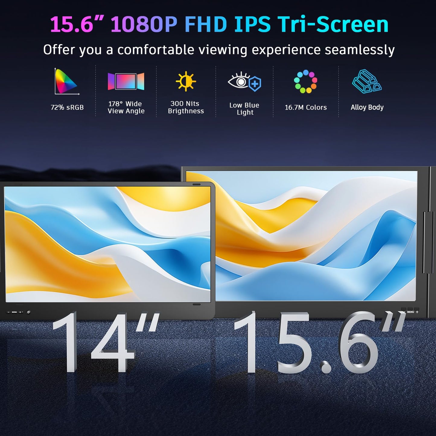 QQH Laptop Screen Extender, 15.6” Triple Portable Monitor for Laptop with Ultra-Slim FHD IPS Display, USB-C Plug and Play Extended Screen Compatible with MacOS, Windows, Android for 12-16" Laptops