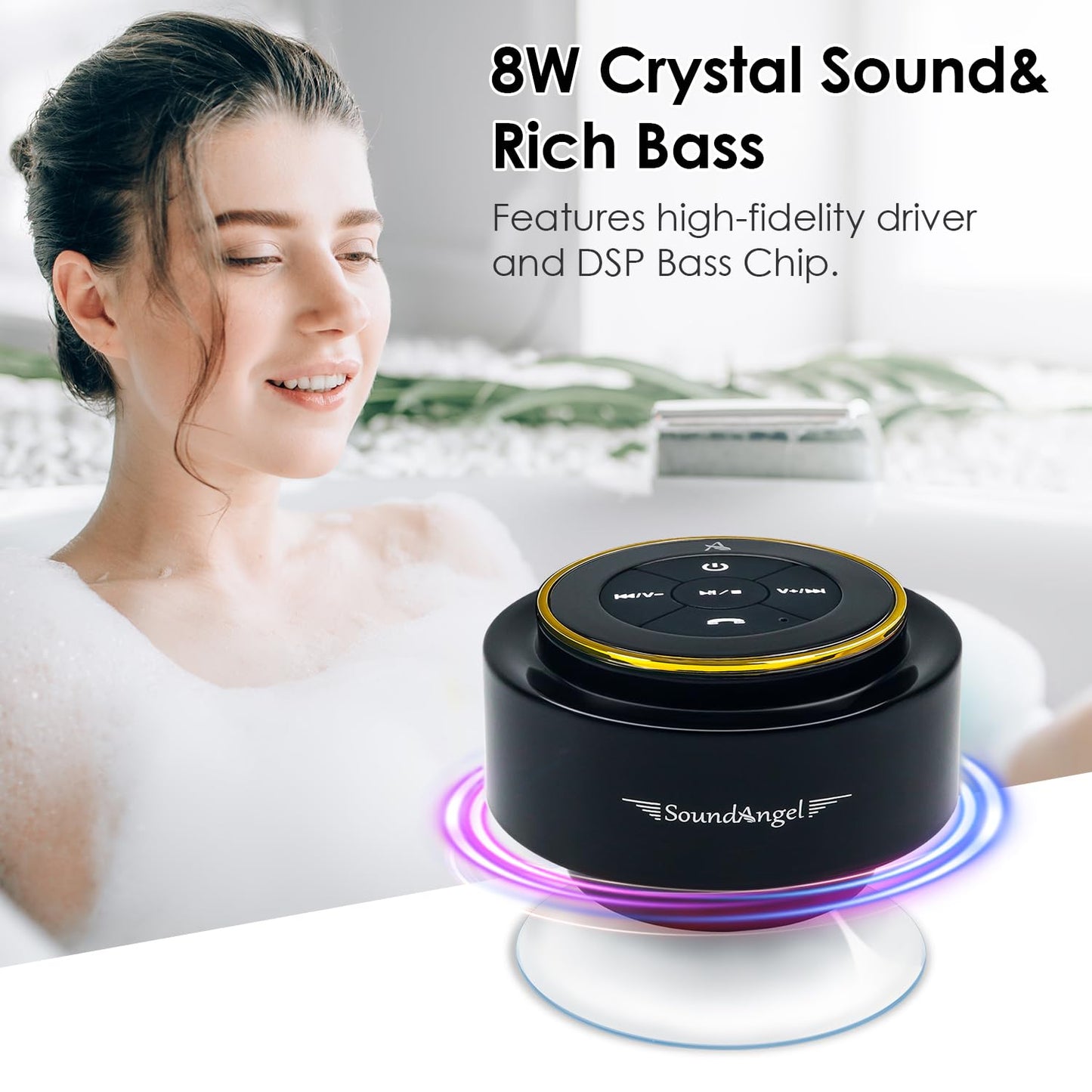 XLeader Shower Speaker, Upgraded,Certified IPX7 Waterproof, Mini Bluetooth Wireless Small Speaker with Lights, Suction Cup and Mic for Bathroom, Crystal Sound&Bass,12H Playtime, Ideal Electronic Gifts