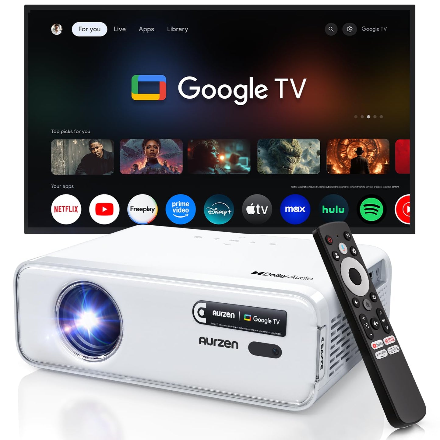 Aurzen EAZZE D1 Smart Projector with WiFi and Bluetooth, Netflix-Officially-Licensed, Auto Focus & Keystone, DoIby Audio, Zoom, Native 1080P Movie, Portable Outdoor Mini Projector, White