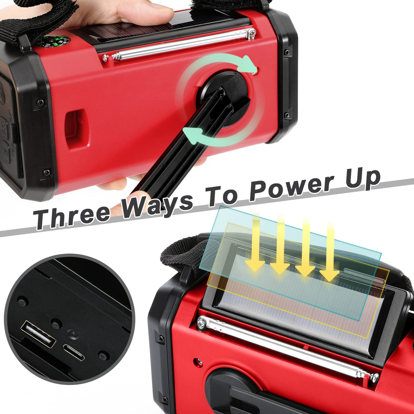 10000mAh Hand Crank Emergency Radio, NOAA Weather Radio with AM/FM & solar Radio, Rechargeable Battery, Flashlight & Reading Light, SOS Alarm, Compass Cell Phone Charger for Indoor Outdoor Emergencies