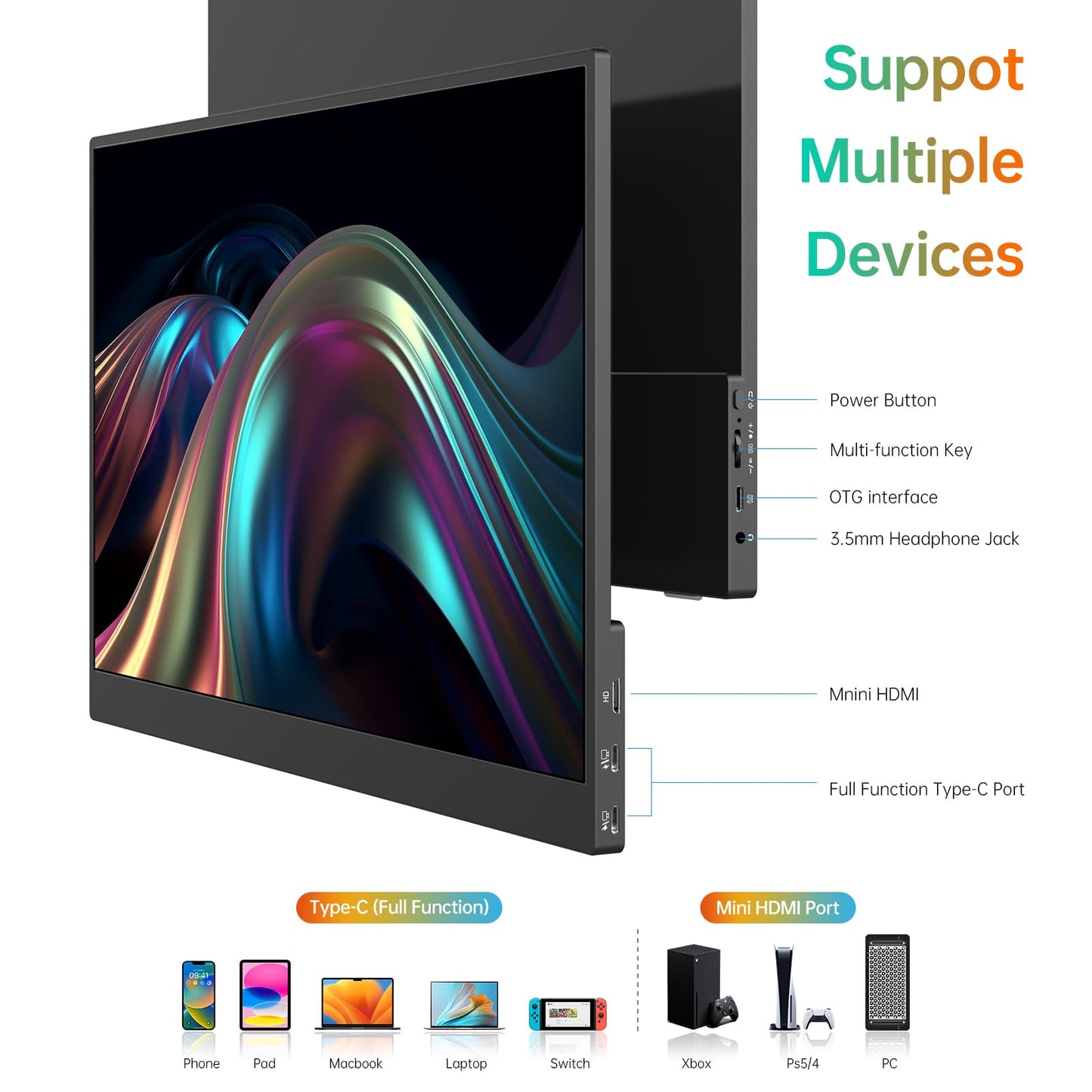 MNN Portable Monitor 14 inch FHD 1920 * 1200P USB C HDMI Ultra-Slim IPS Travel Display w/Speakers, HDR Plug&Play, External Monitor for Laptop PC, Phone,Mac(400cd/m² Brightness)