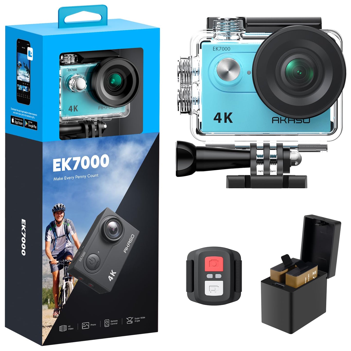 AKASO EK7000 4K30FPS 20MP WiFi Action Camera with EIS Ultra HD 131FT Waterproof Underwater Camera Remote Control 4X Zoom Support External Microphone Black