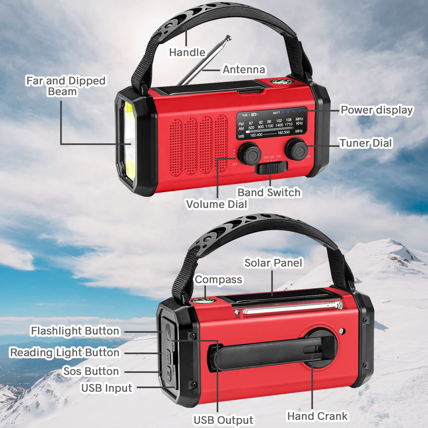 10000mAh Hand Crank Emergency Radio, NOAA Weather Radio with AM/FM & solar Radio, Rechargeable Battery, Flashlight & Reading Light, SOS Alarm, Compass Cell Phone Charger for Indoor Outdoor Emergencies