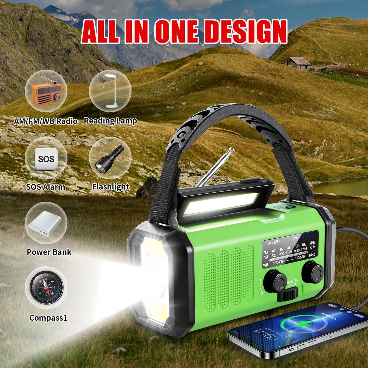 10000mAh Hand Crank Emergency Radio, NOAA Weather Radio with AM/FM & solar Radio, Rechargeable Battery, Flashlight & Reading Light, SOS Alarm, Compass Cell Phone Charger for Indoor Outdoor Emergencies