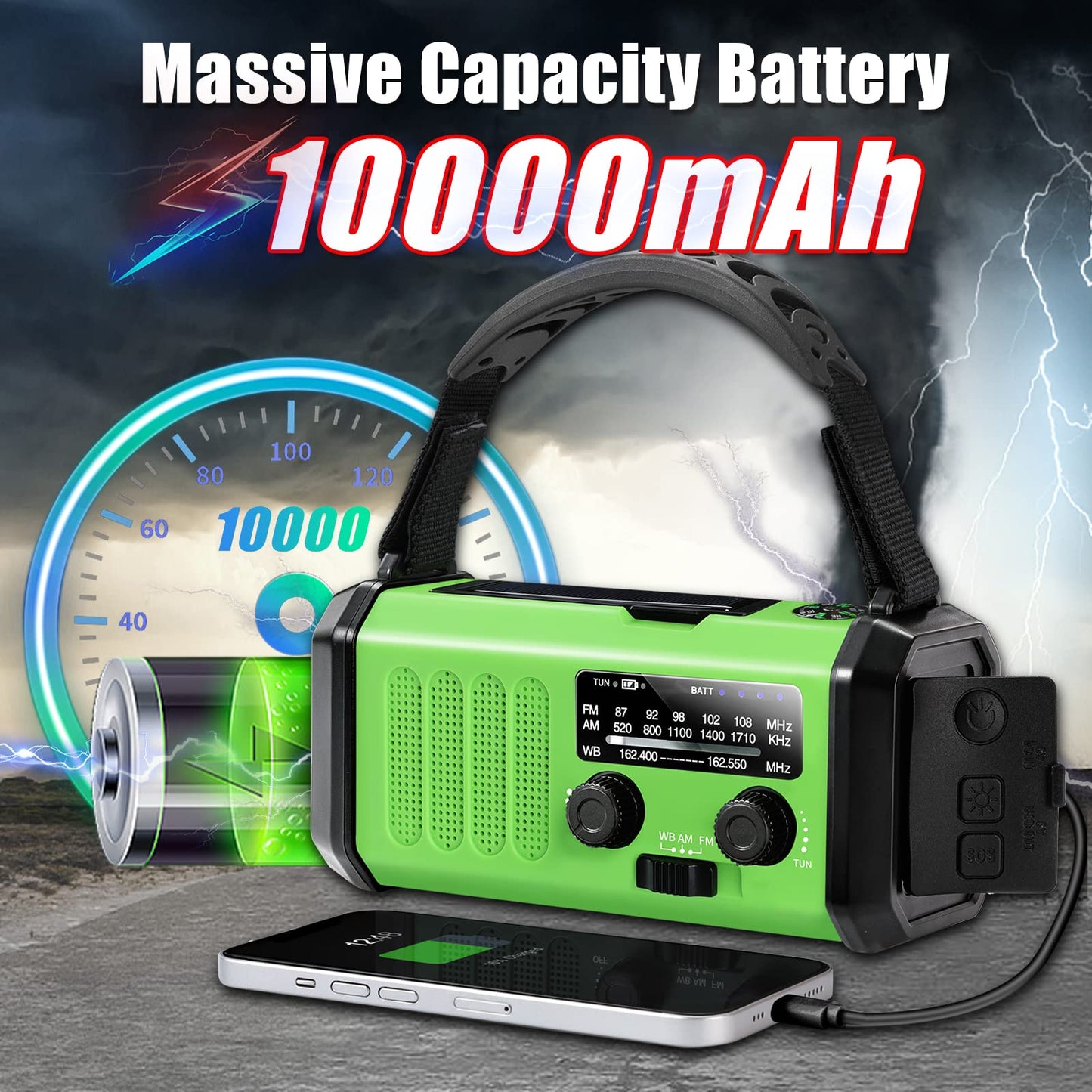 10000mAh Hand Crank Emergency Radio, NOAA Weather Radio with AM/FM & solar Radio, Rechargeable Battery, Flashlight & Reading Light, SOS Alarm, Compass Cell Phone Charger for Indoor Outdoor Emergencies