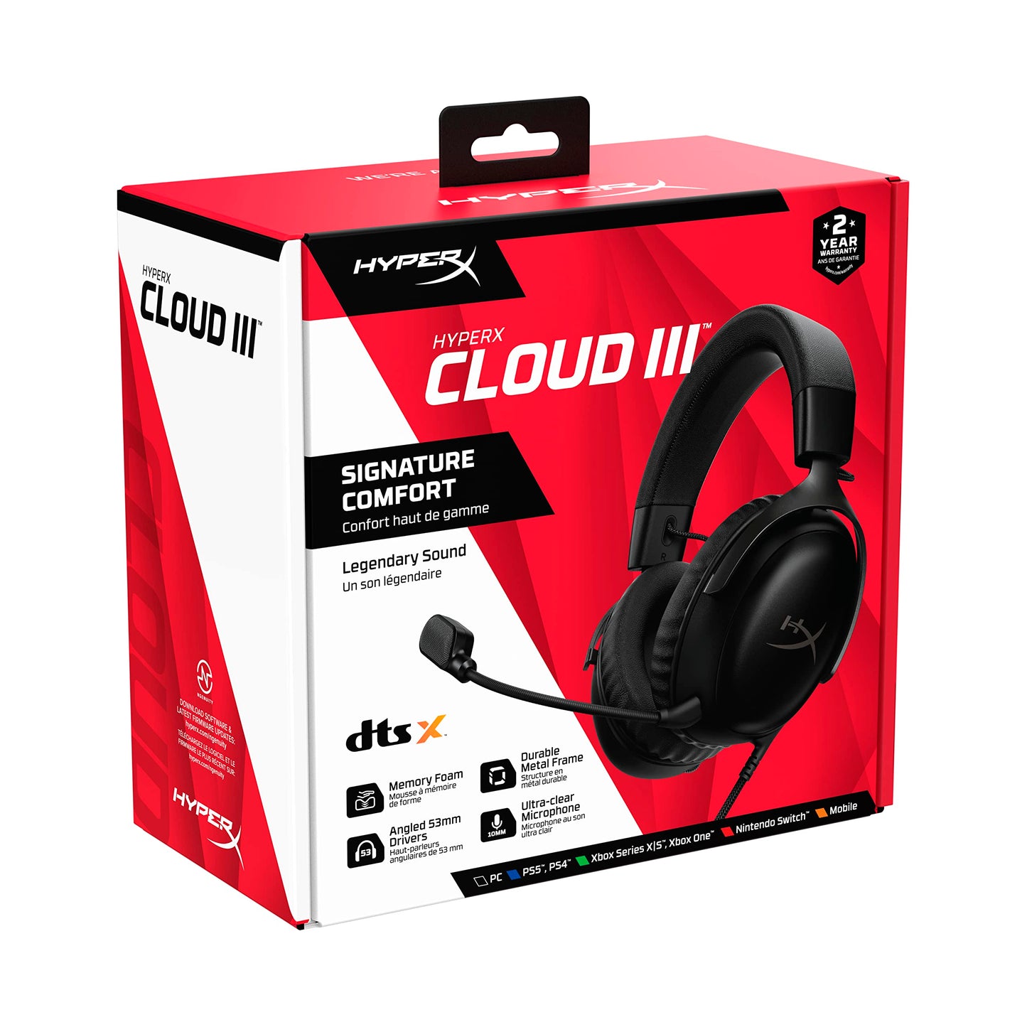HyperX Cloud III – Wired Gaming Headset, PC, PS5, Xbox Series X|S, Angled 53mm Drivers, DTS Spatial Audio, Memory Foam, Durable Frame, Ultra-Clear 10mm Mic, USB-C, USB-A, 3.5mm – Black/Red