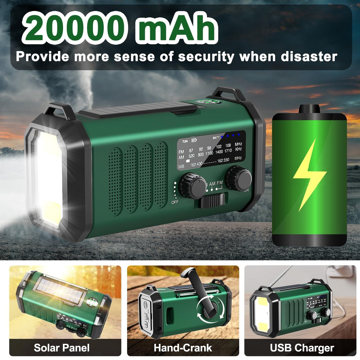 10000mAh Hand Crank Emergency Radio, NOAA Weather Radio with AM/FM & solar Radio, Rechargeable Battery, Flashlight & Reading Light, SOS Alarm, Compass Cell Phone Charger for Indoor Outdoor Emergencies
