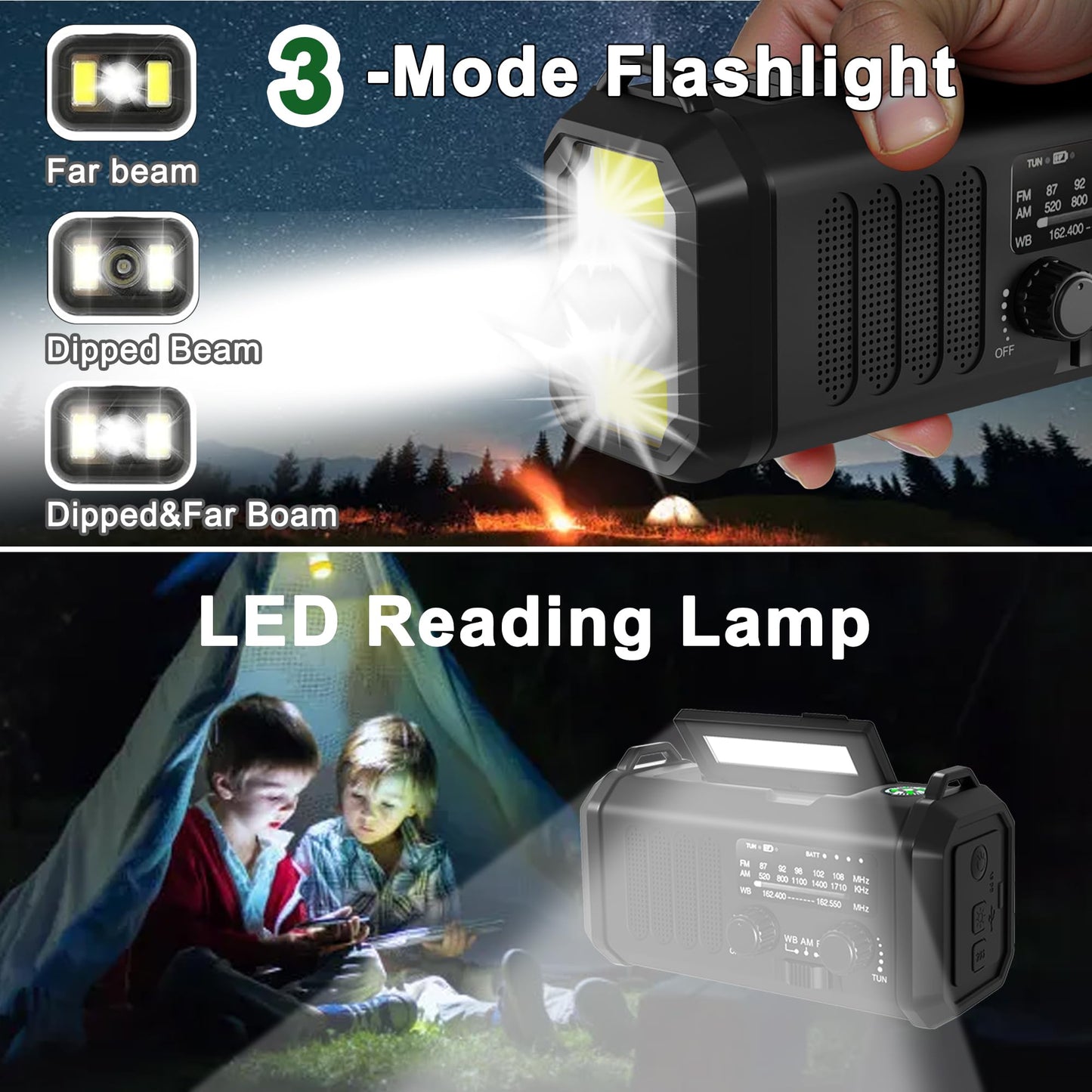 10000mAh Hand Crank Emergency Radio, NOAA Weather Radio with AM/FM & solar Radio, Rechargeable Battery, Flashlight & Reading Light, SOS Alarm, Compass Cell Phone Charger for Indoor Outdoor Emergencies