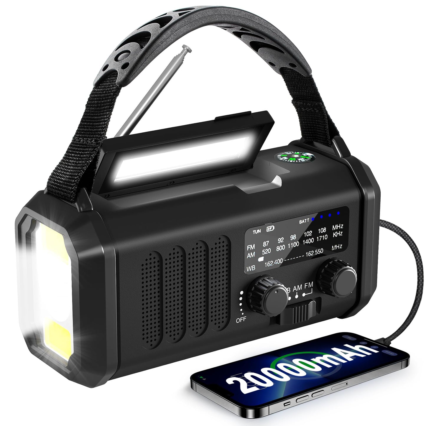 10000mAh Hand Crank Emergency Radio, NOAA Weather Radio with AM/FM & solar Radio, Rechargeable Battery, Flashlight & Reading Light, SOS Alarm, Compass Cell Phone Charger for Indoor Outdoor Emergencies
