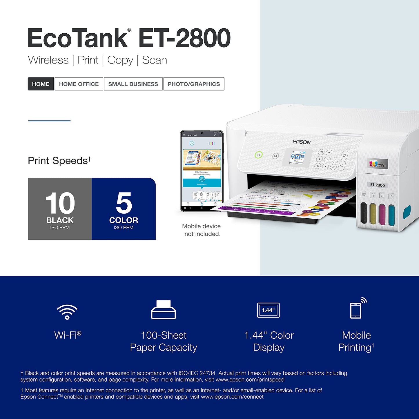 Epson EcoTank ET-2800 Wireless Color All-in-One Cartridge-Free Supertank Printer with Scan and Copy â€“ The Ideal Basic Home Printer - Black, Medium