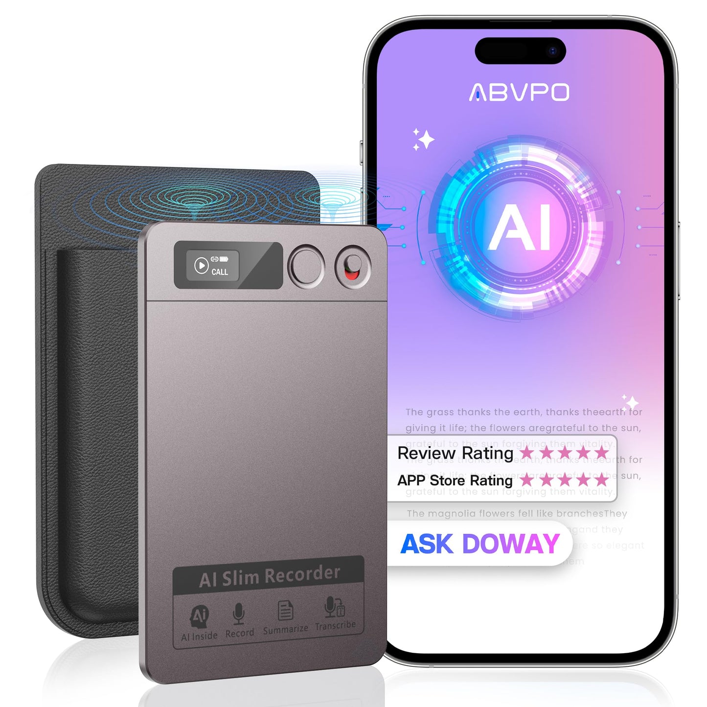 AI Voice Recorder, Note Voice Recorder - Transcribe & Summarize, AI Noise Cancellation Technology, Supports 152 Languages, 64GB Memory APP Control Audio Recorder for Lectures, Meetings, Calls, Gray