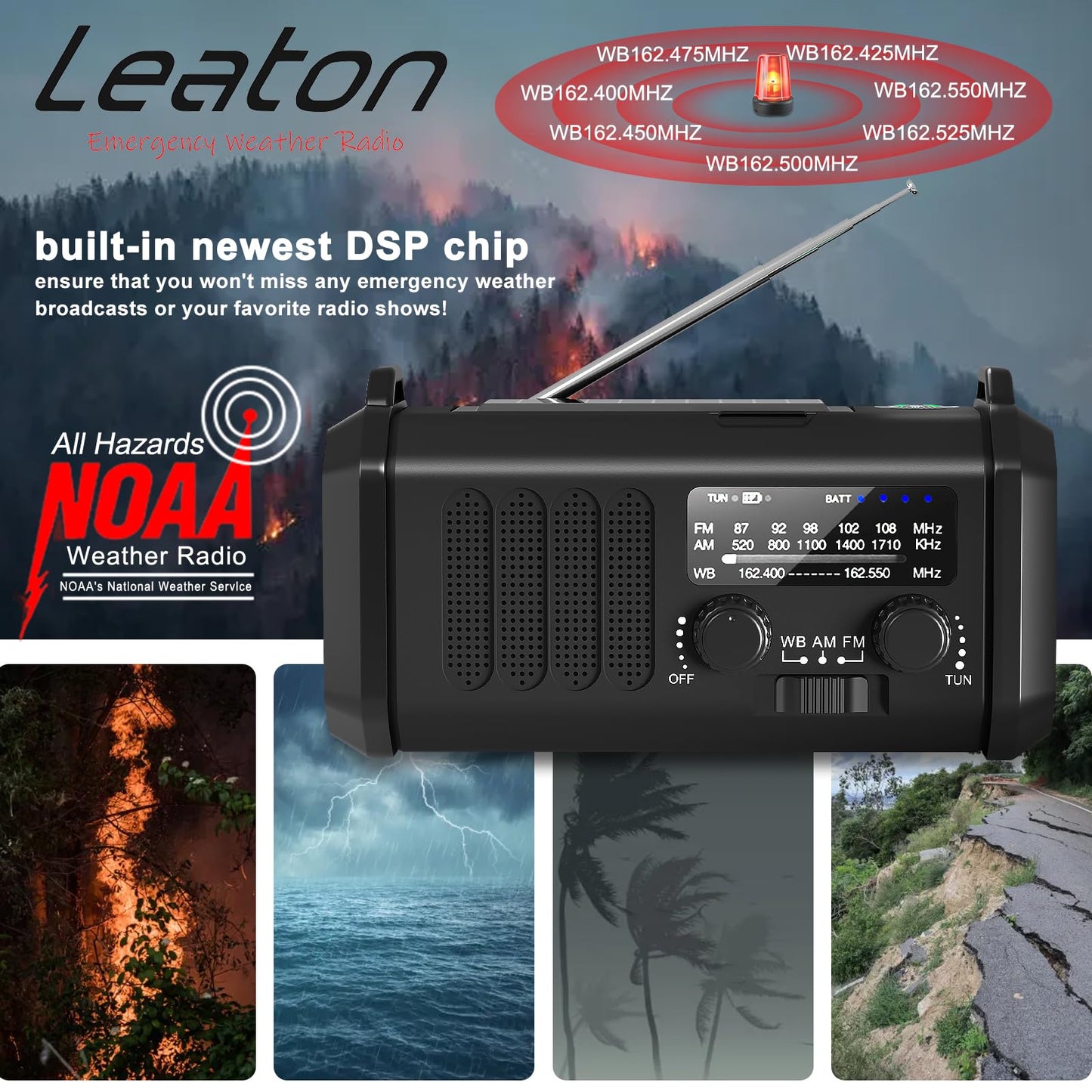 10000mAh Hand Crank Emergency Radio, NOAA Weather Radio with AM/FM & solar Radio, Rechargeable Battery, Flashlight & Reading Light, SOS Alarm, Compass Cell Phone Charger for Indoor Outdoor Emergencies