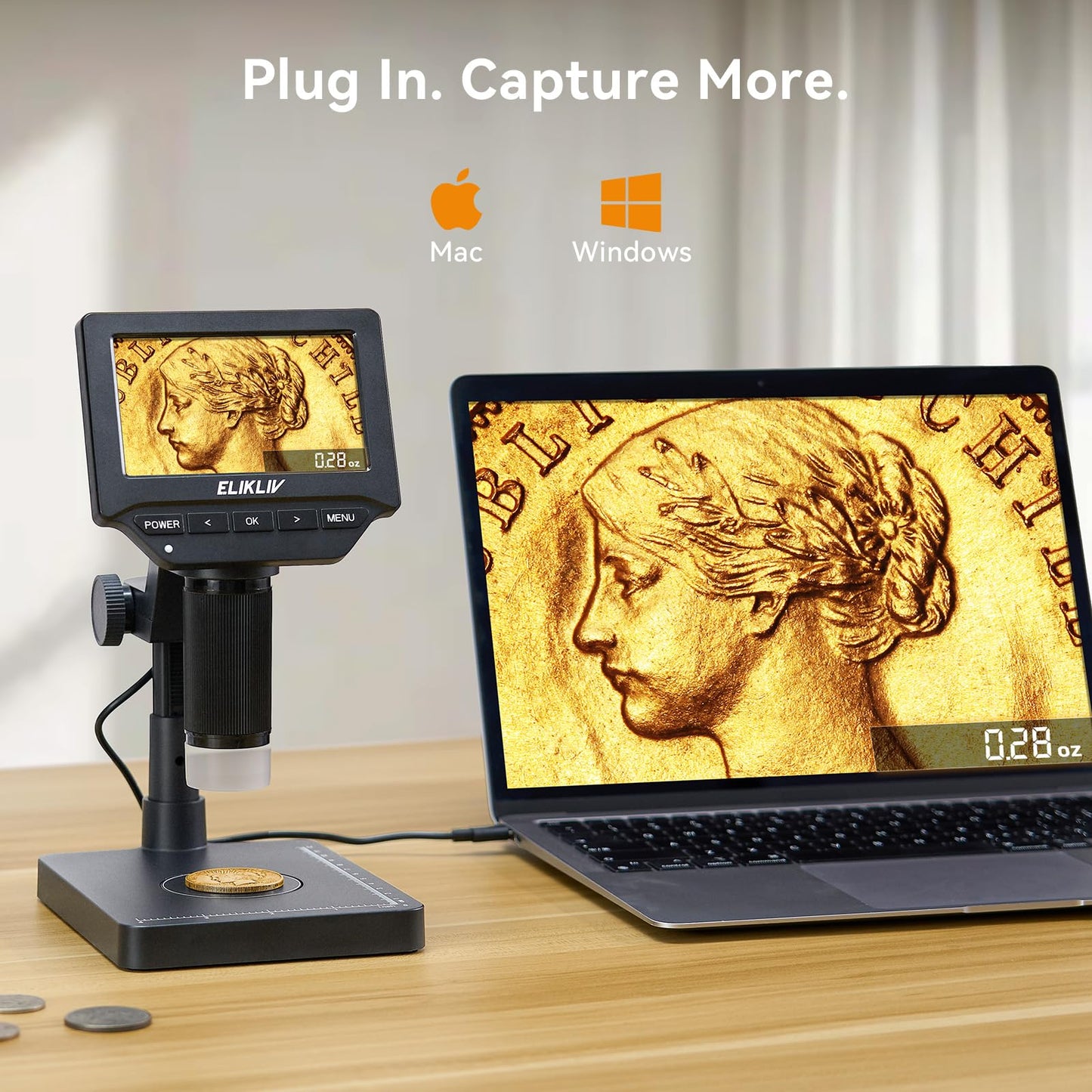 Elikliv Microscope, LCD Digital Coin Microscope 1000x, Coin Magnifier with 8 Adjustable LED Lights, PC View Compatible with Windows/MacBook, EDM4, 4.3-Inch