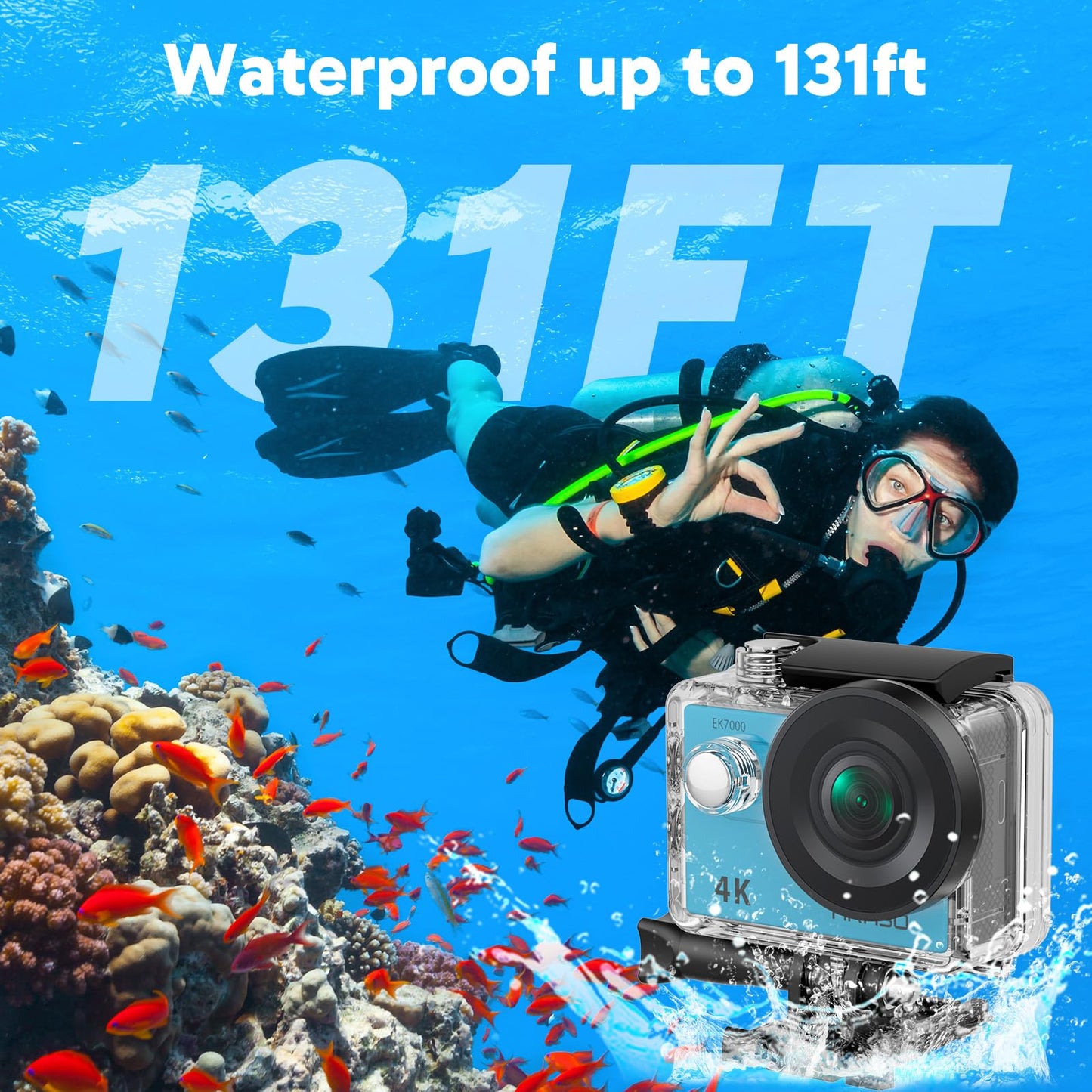 AKASO EK7000 4K30FPS 20MP WiFi Action Camera with EIS Ultra HD 131FT Waterproof Underwater Camera Remote Control 4X Zoom Support External Microphone Black