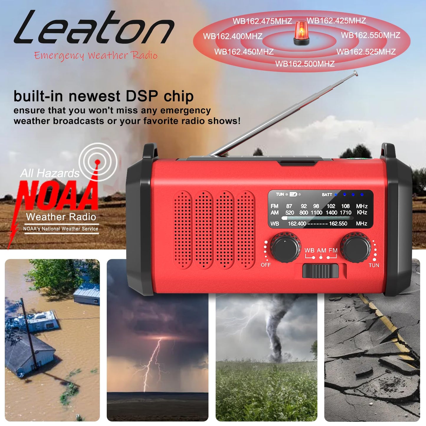 10000mAh Hand Crank Emergency Radio, NOAA Weather Radio with AM/FM & solar Radio, Rechargeable Battery, Flashlight & Reading Light, SOS Alarm, Compass Cell Phone Charger for Indoor Outdoor Emergencies