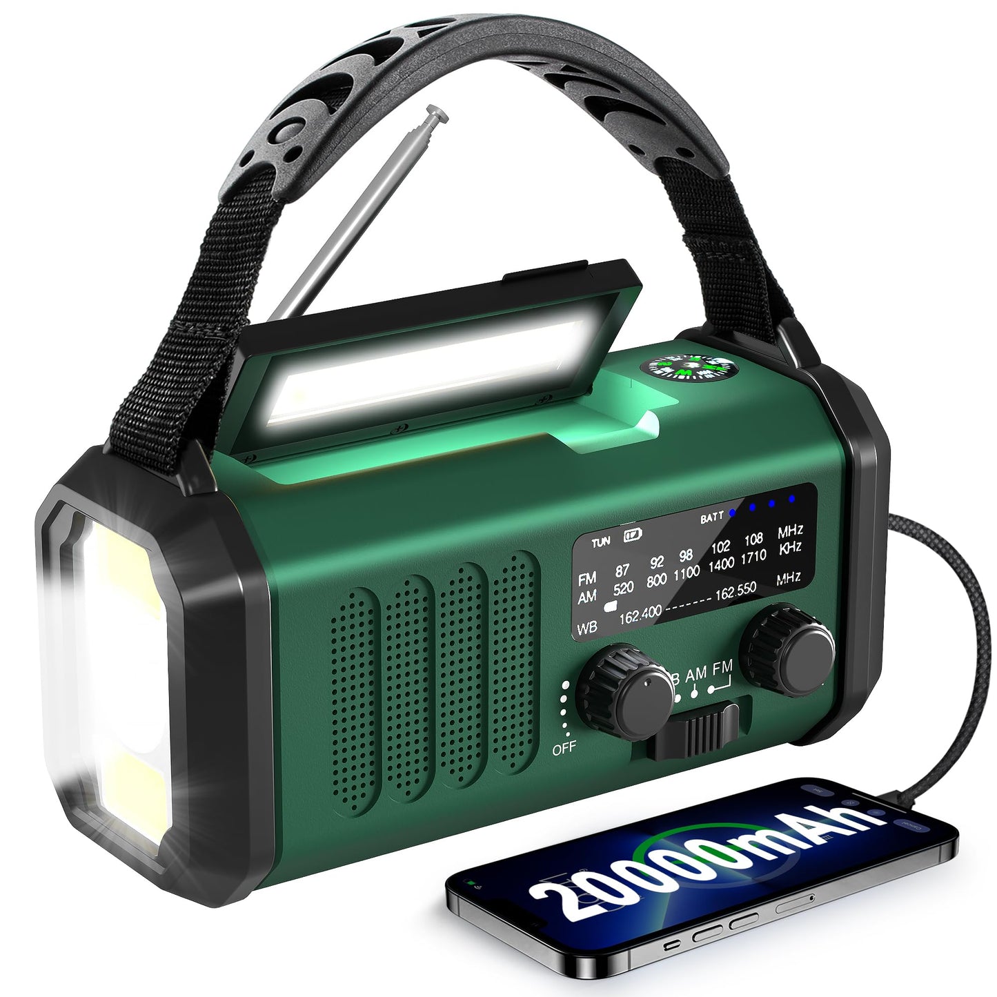 10000mAh Hand Crank Emergency Radio, NOAA Weather Radio with AM/FM & solar Radio, Rechargeable Battery, Flashlight & Reading Light, SOS Alarm, Compass Cell Phone Charger for Indoor Outdoor Emergencies