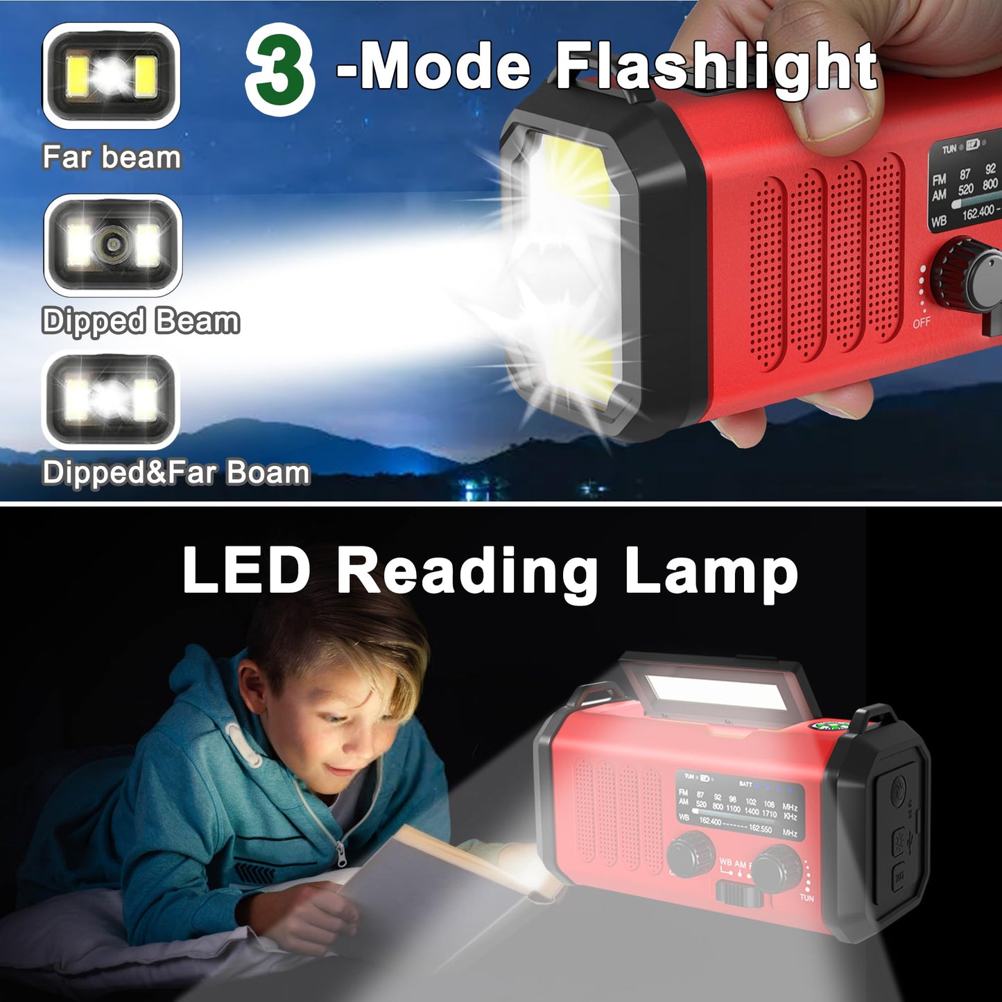 10000mAh Hand Crank Emergency Radio, NOAA Weather Radio with AM/FM & solar Radio, Rechargeable Battery, Flashlight & Reading Light, SOS Alarm, Compass Cell Phone Charger for Indoor Outdoor Emergencies