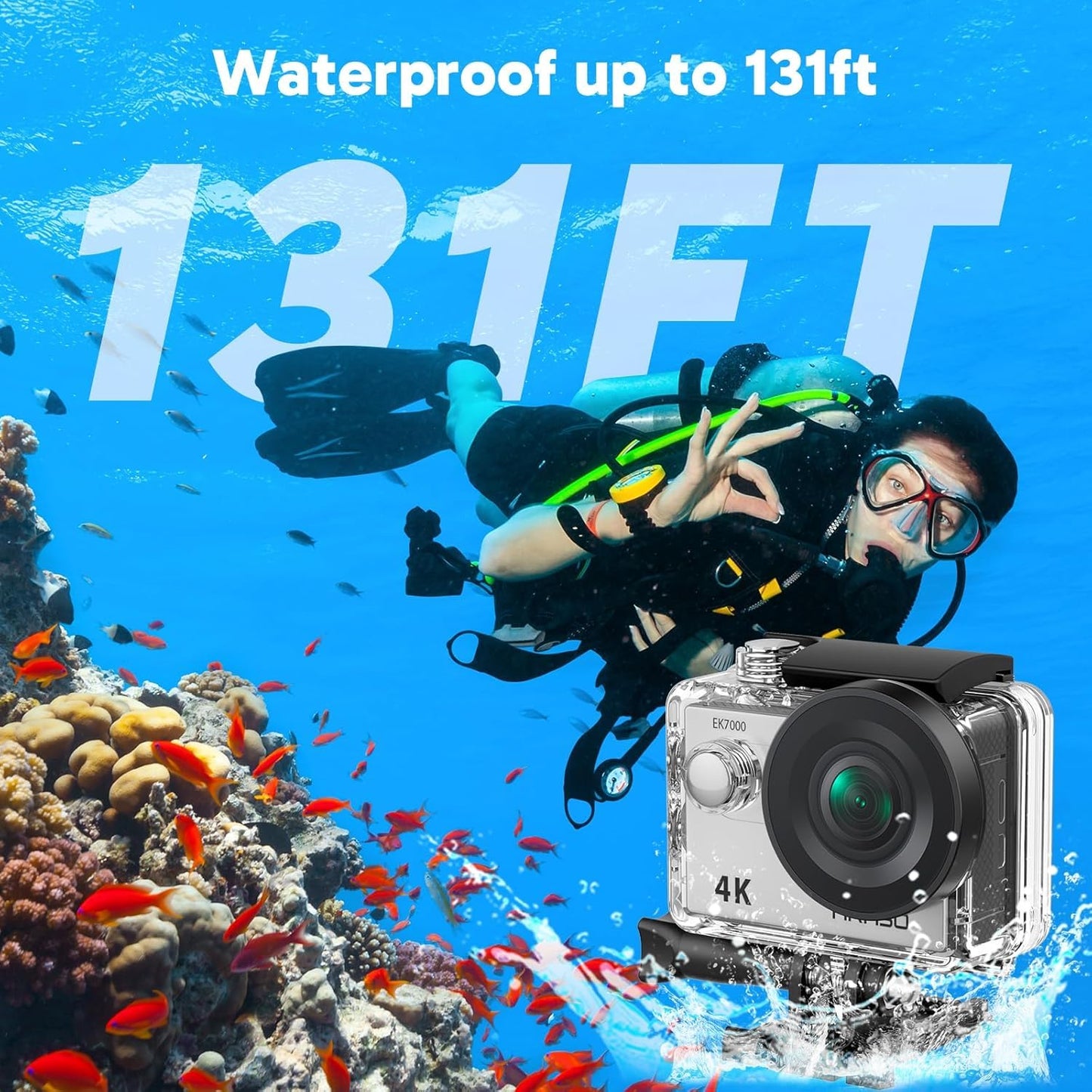 AKASO EK7000 4K30FPS 20MP WiFi Action Camera with EIS Ultra HD 131FT Waterproof Underwater Camera Remote Control 4X Zoom Support External Microphone Black