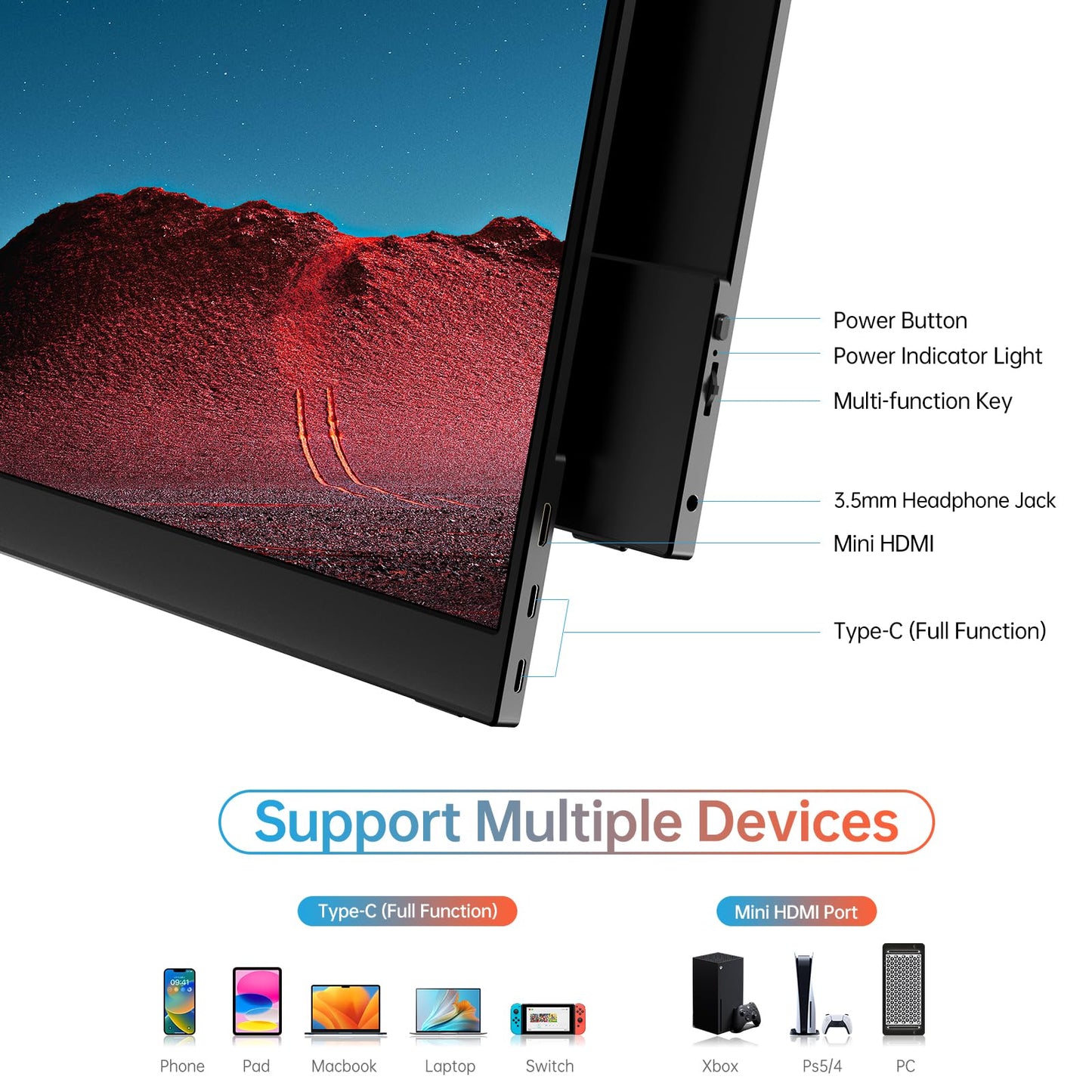 MNN Portable Monitor 14 inch FHD 1920 * 1200P USB C HDMI Ultra-Slim IPS Travel Display w/Speakers, HDR Plug&Play, External Monitor for Laptop PC, Phone,Mac(400cd/m² Brightness)