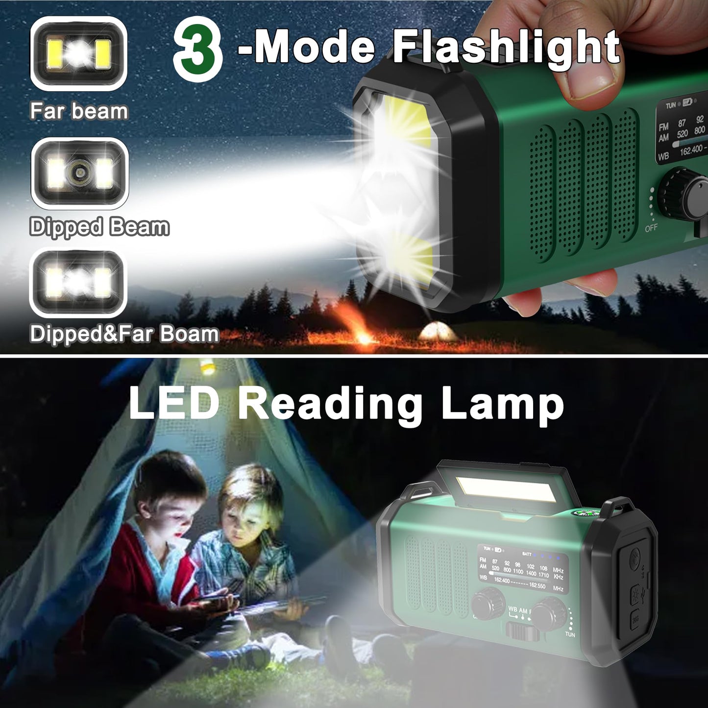 10000mAh Hand Crank Emergency Radio, NOAA Weather Radio with AM/FM & solar Radio, Rechargeable Battery, Flashlight & Reading Light, SOS Alarm, Compass Cell Phone Charger for Indoor Outdoor Emergencies