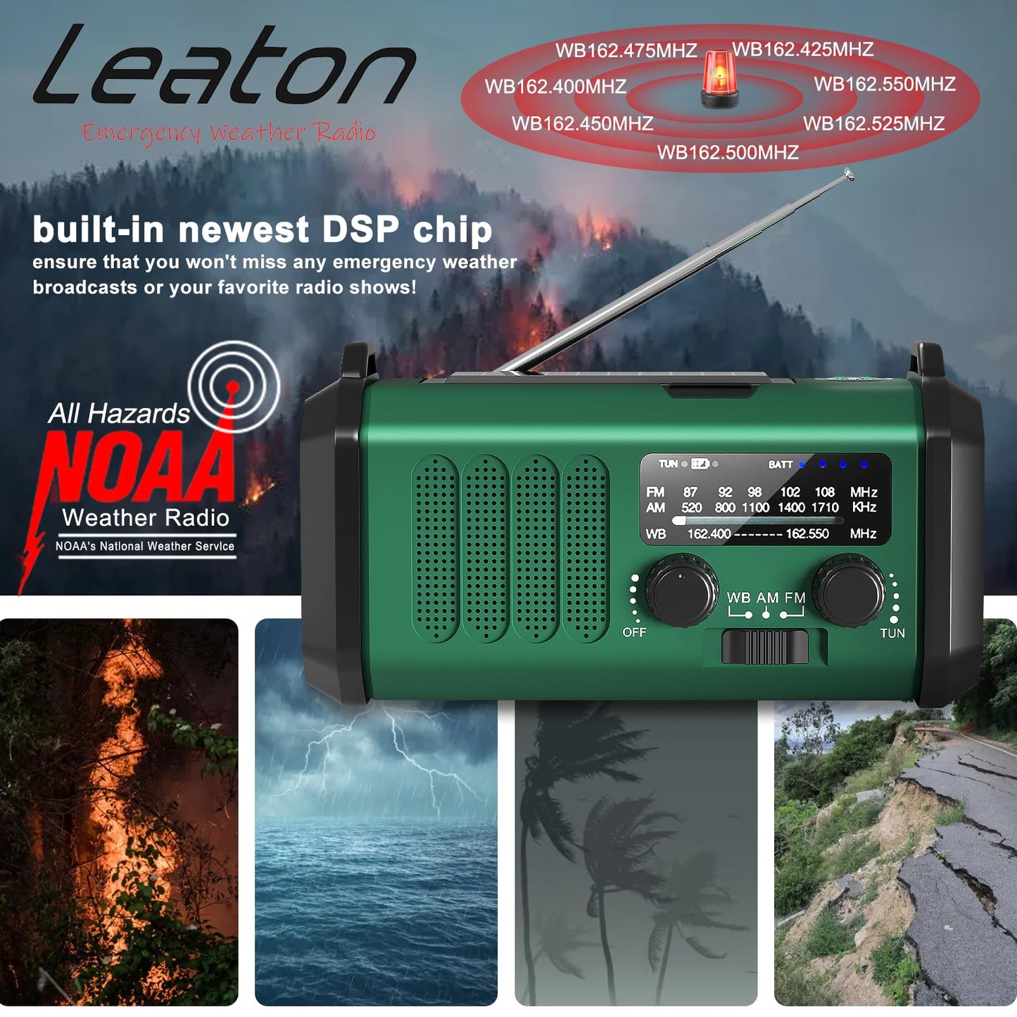 10000mAh Hand Crank Emergency Radio, NOAA Weather Radio with AM/FM & solar Radio, Rechargeable Battery, Flashlight & Reading Light, SOS Alarm, Compass Cell Phone Charger for Indoor Outdoor Emergencies