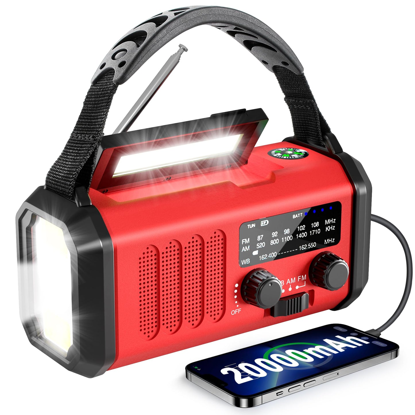 10000mAh Hand Crank Emergency Radio, NOAA Weather Radio with AM/FM & solar Radio, Rechargeable Battery, Flashlight & Reading Light, SOS Alarm, Compass Cell Phone Charger for Indoor Outdoor Emergencies