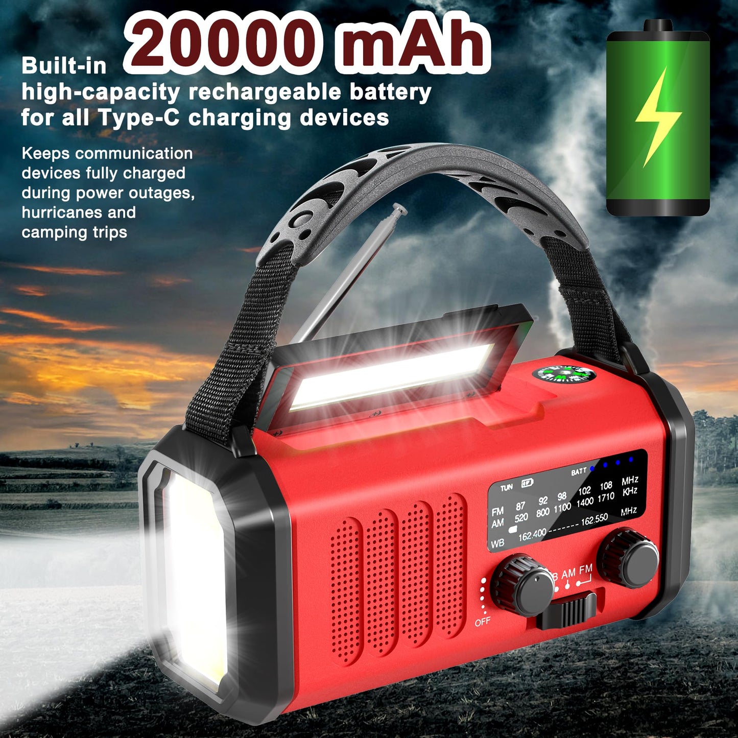 10000mAh Hand Crank Emergency Radio, NOAA Weather Radio with AM/FM & solar Radio, Rechargeable Battery, Flashlight & Reading Light, SOS Alarm, Compass Cell Phone Charger for Indoor Outdoor Emergencies